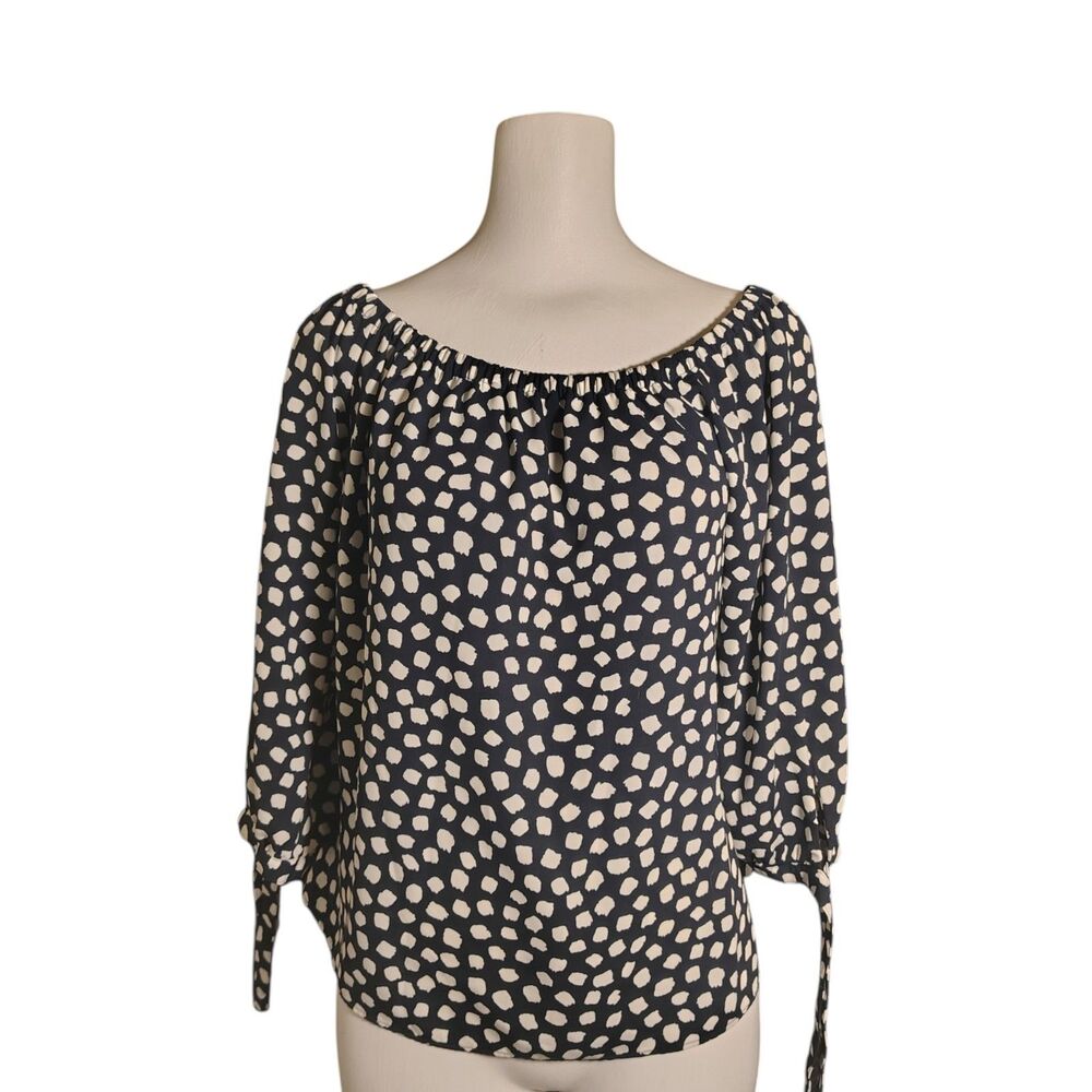 J CREW Off Shoulder Tie Sleeve Spotted Blouse Women's Black White Size XS 00027